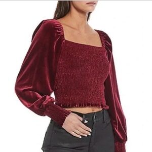 Gianni Bini Red Puff Sleeve Smocked Crop Blouse